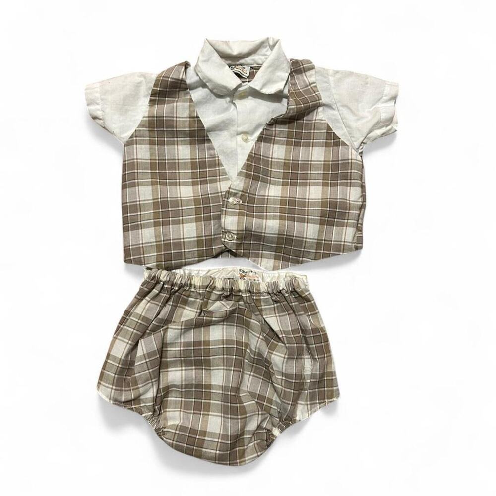 Vintage 60s newborn baby boy set button up shirt plaid vest and diaper cover